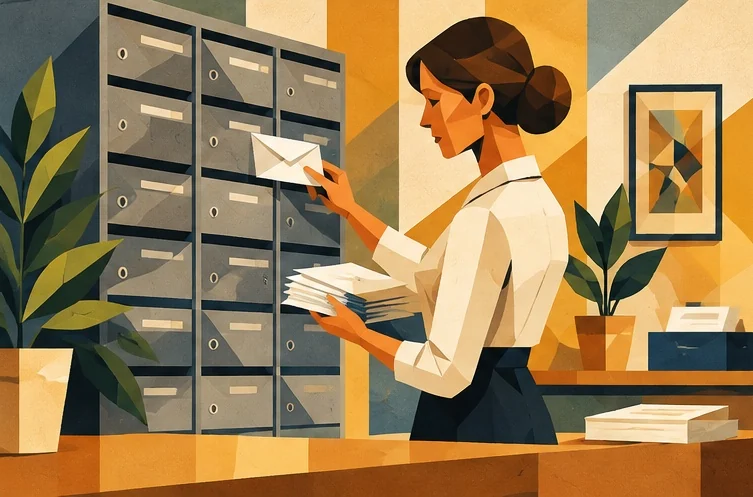 Illustration : tri du courrier devant les boîtes aux lettres de la domiciliation