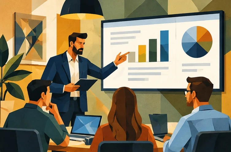 Illustration : une personne anime une session de formation devant un écran de statistiques